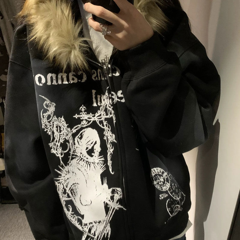 American Retro Y2k Millennium Fur Collar Zipper Jaqueta Com Capuz