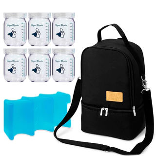 Mochila Térmica Super Mamãe + 6 Potes de Vidro 150ml BPA Free Leite Materno em Oferta na Shopee