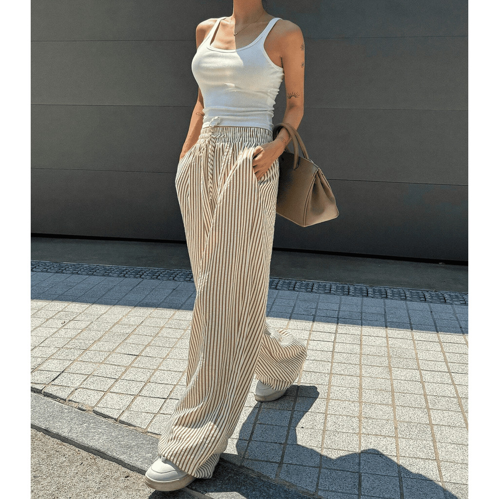 Calça Feninina Pantalona Listrada Wide Leg Elastico Bolsos