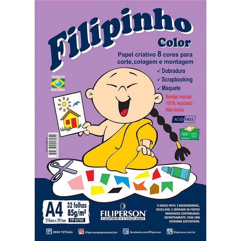 Bloco Educação Artística Filipinho Criativo 8 Cores A4 85G 32 Folhas ...