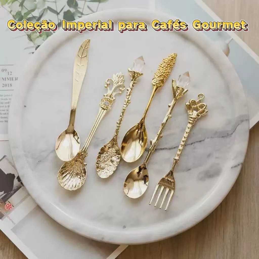 Kit 6 Colheres Vintage para Café Gourmet - Acabamento Ouro Antigo Resistente