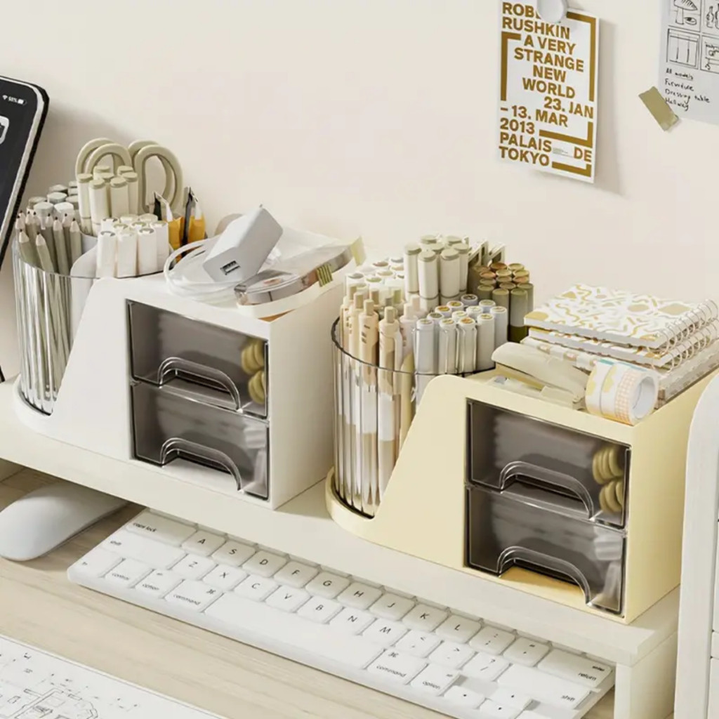 Organizador de mesa com gavetas e porta-canetas