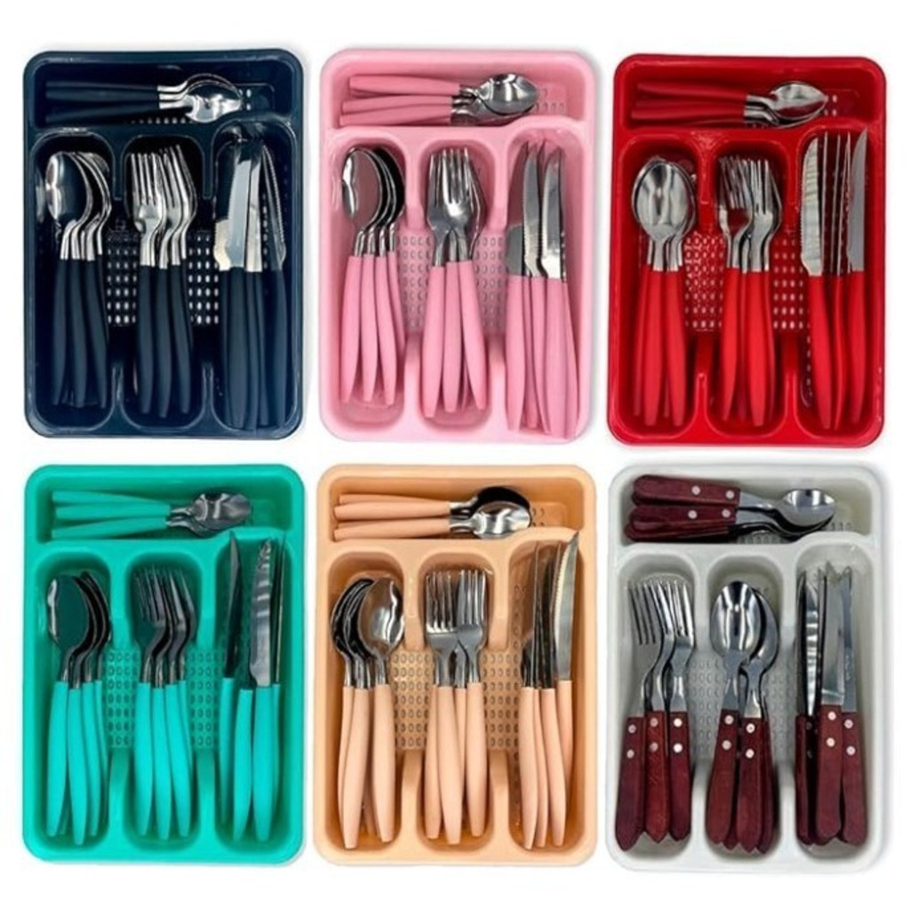 Jogo De Talheres Inox Com 24 Peças + Suporte Gaveteiro