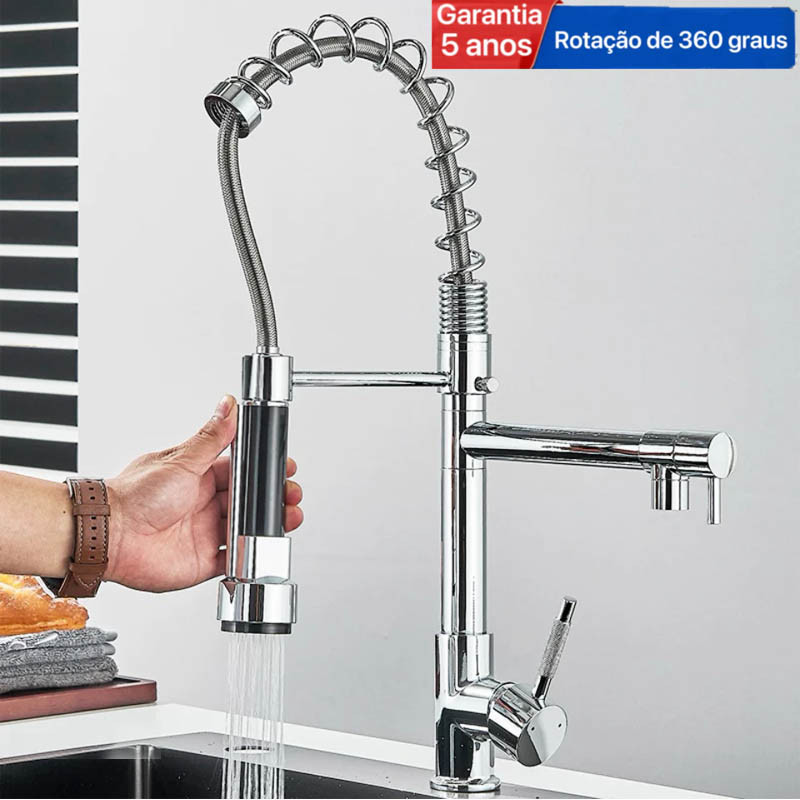 Torneira De Cozinha Gourmet Alça Única Com Extensor De Spray Tubo De Água Flexível Superior Banhado A Prata Para Ajuste