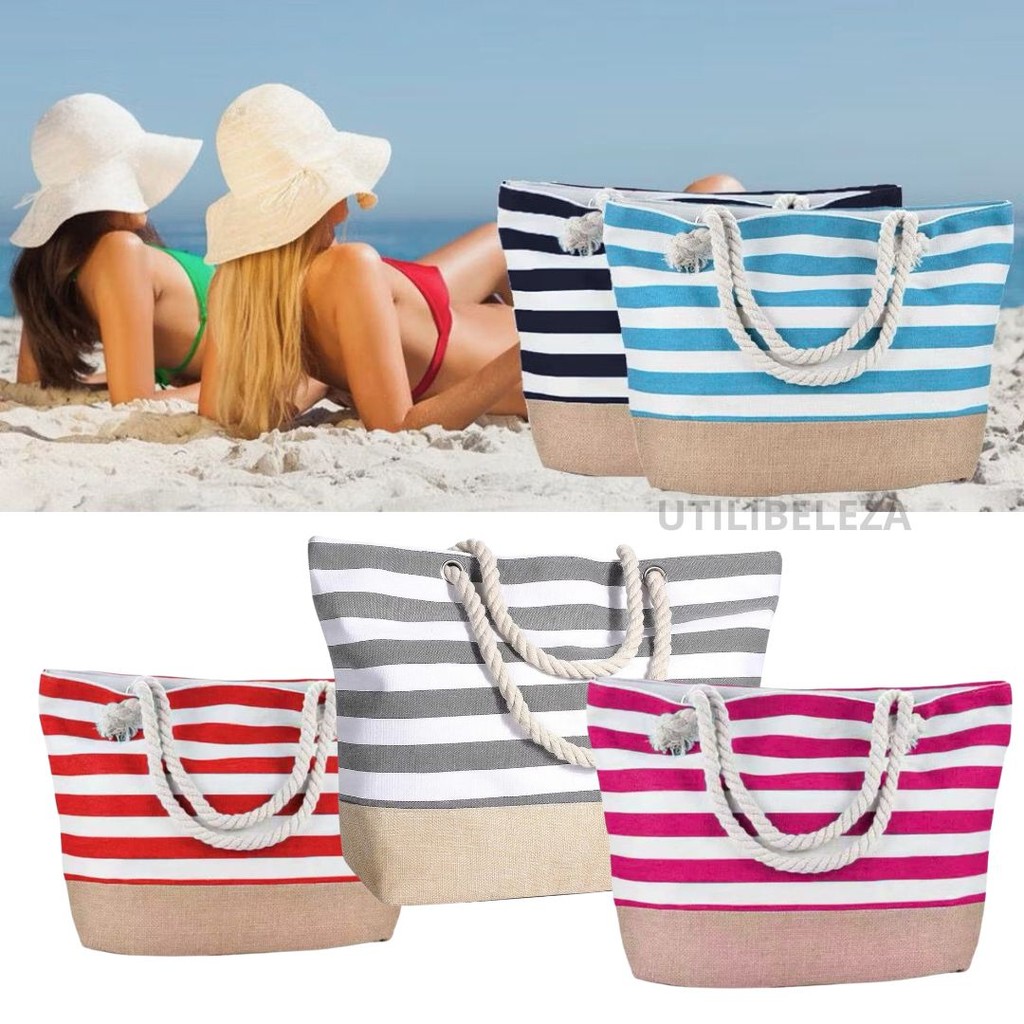 Bolsa Feminina de Praia Piscina Modelo Sacola Listrada Tamanho Grande Verão Summer