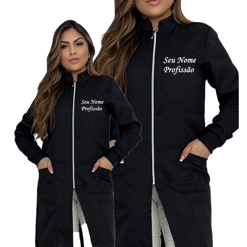 Jaleco Feminino Preto Ziper Prata, Manga Longa, Personalizado, Bordado ...