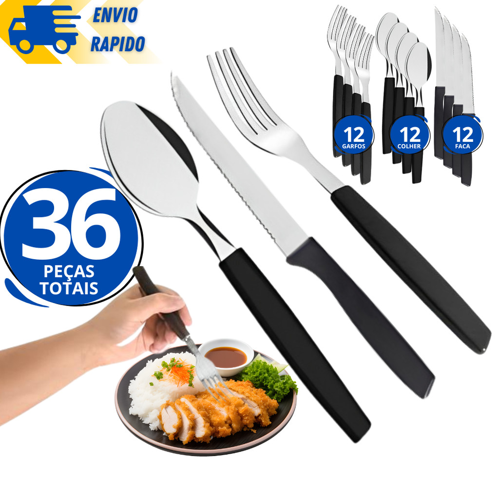 Kit Jogo de Talher Garfo Faca Colher Inox Cabo de Plástico 36 24 12 ...