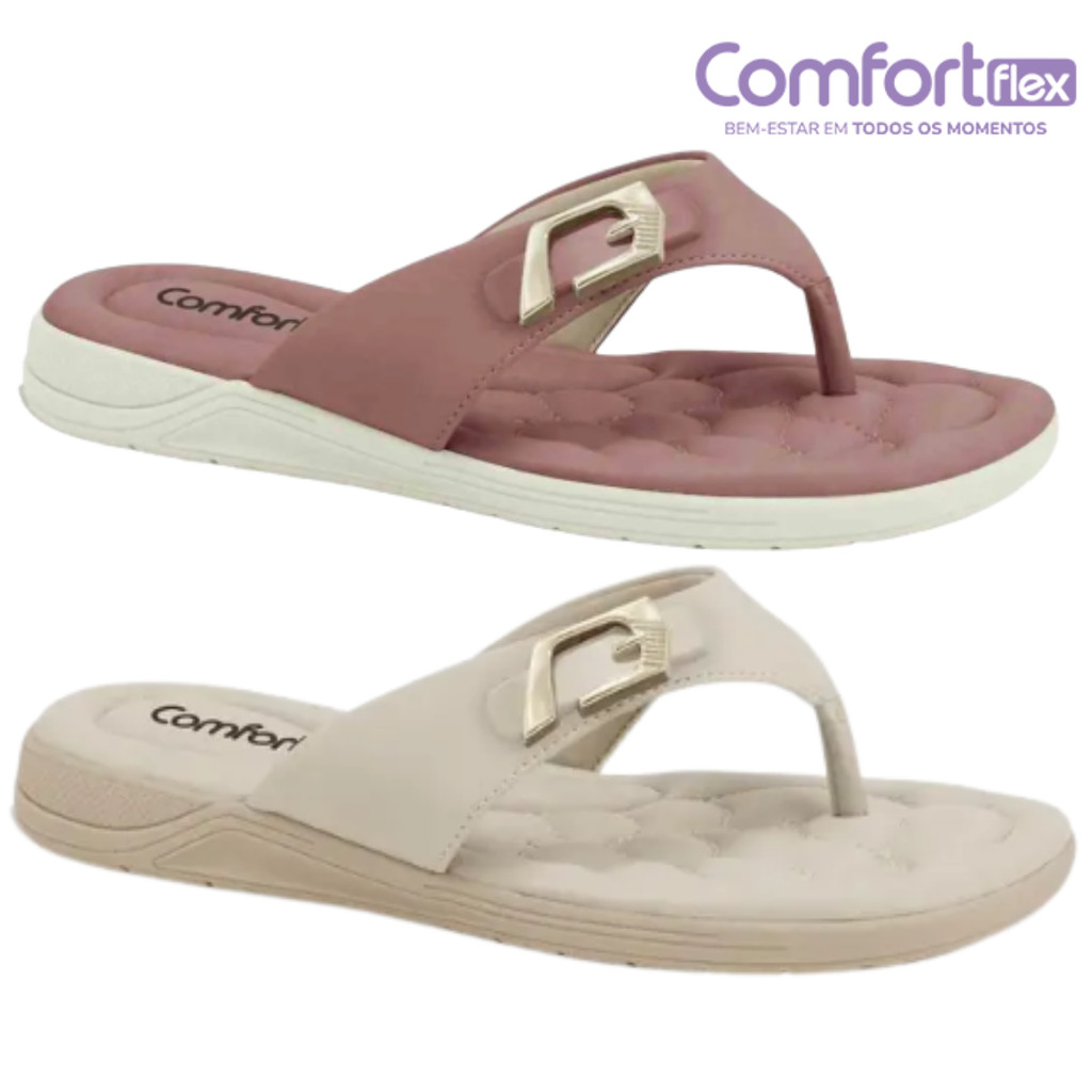 Chinelo Feminino Comfortflex Dedo Rasteira Fivela Dourado Conforto