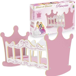 Berço De Boneca Princesas Com Travesseiro e Colchão Madeira Rosa 416 Junges