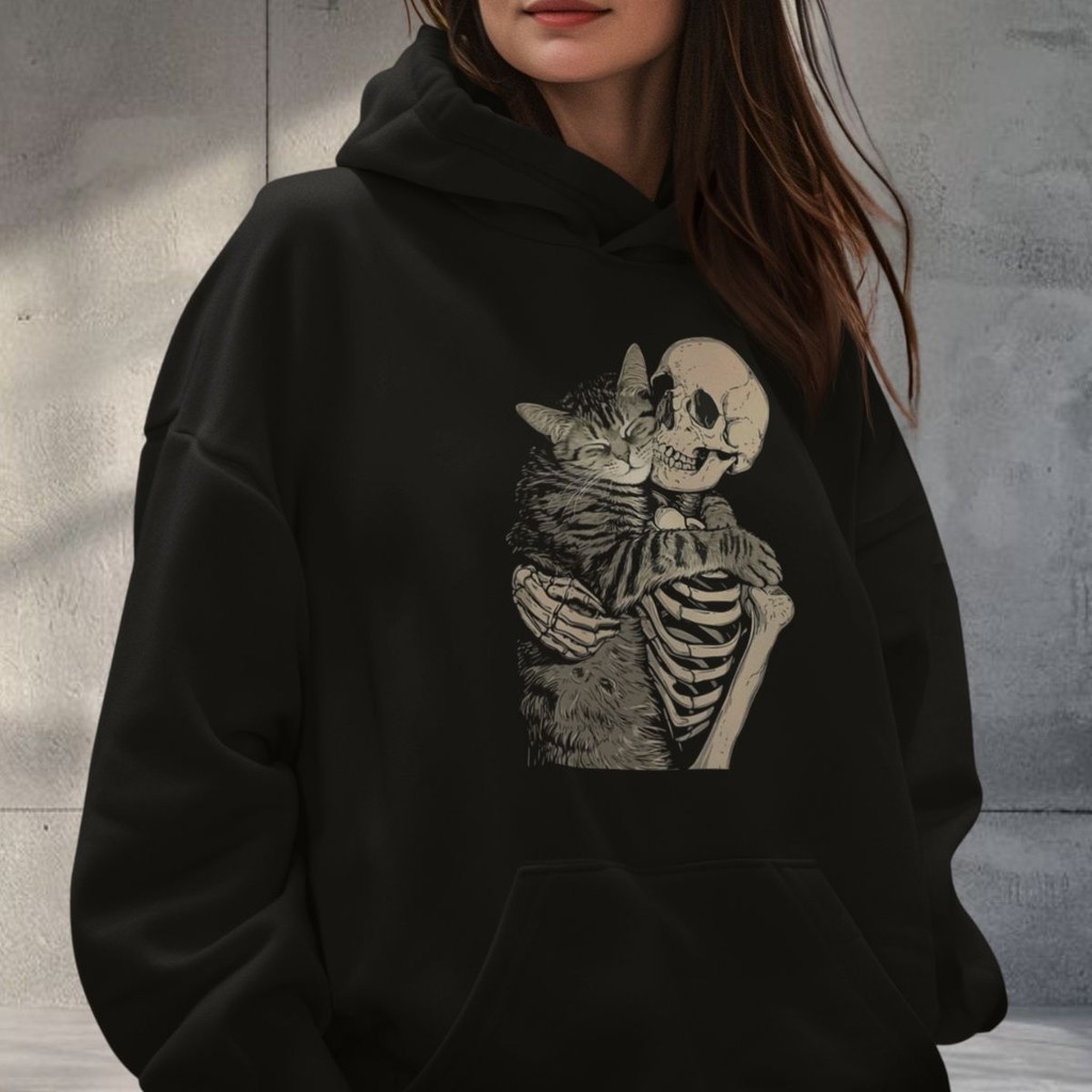 Moletom Caveira Segurando Gato Cat Aesthetic Tumblr Fofo Moda Gótica Grunge Algodão Unissex Agasalho
