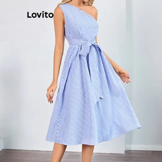 Lovito Vestido elegante listrado assimétrico com renda para mulheres LBL16062