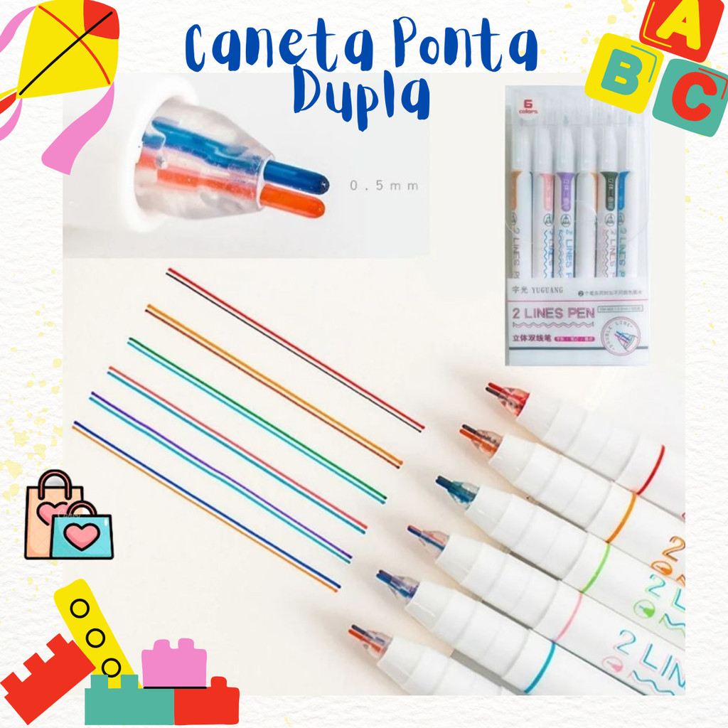 Kit 6 Canetas de Pontas e Linha Duplas Coloridas, Line pen com 6 Cores ...