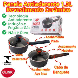 Panela Antiaderente 1,3L Com Tampa Revestimento Cerâmico Cabo Longo Inmetro 16x8CM Indução ou Fogão em Oferta na Shopee