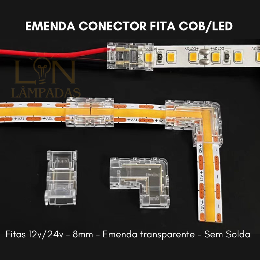 Kit 10-20-30 Conector Emenda de Canto L Reta Fio para Fita de Led Cob ...
