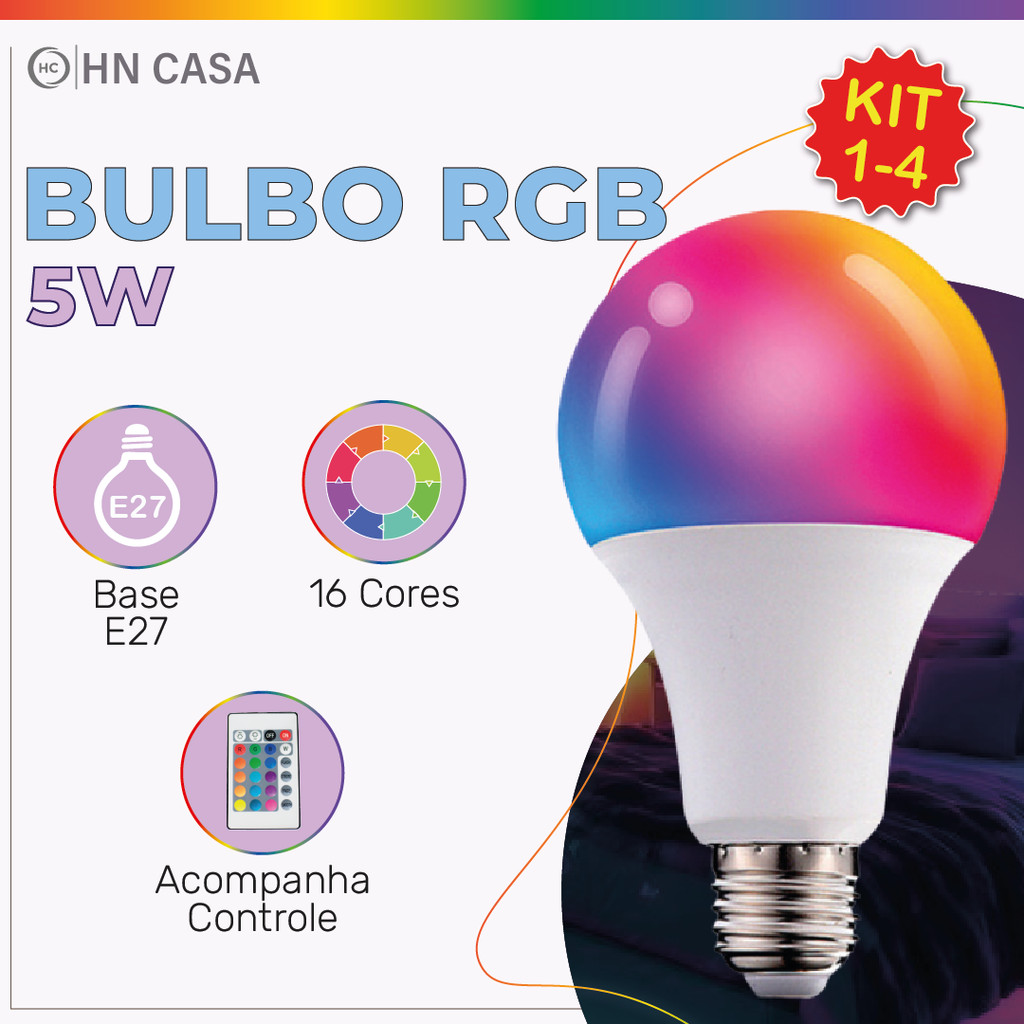 Kit 4 Bulbo LED RGB 5W Colorida c/ Controle de mudar a cor Bivolt 110V ...