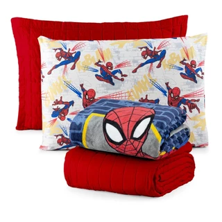 Kit 4 Peças Colcha e Manta Solteiro Disney Homem Aranha Vingadores Homem Ferro Capitão América Antialérgica Super Heroi