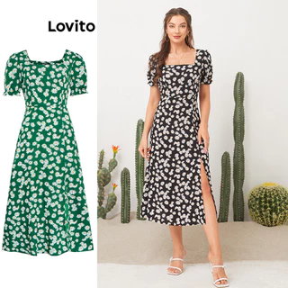 Lovito Casual Vestido de Estampa Floral de Gola Quadrada L11D32 (Preto)
