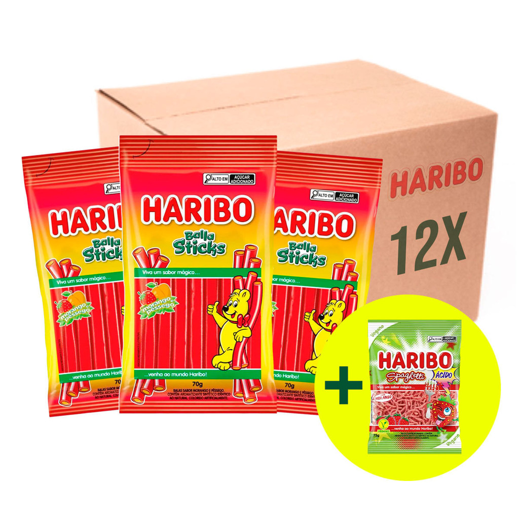 Kit 12 Balas de Gelatina Haribo Sticks 70g Morango/Pêssego + Brinde ...