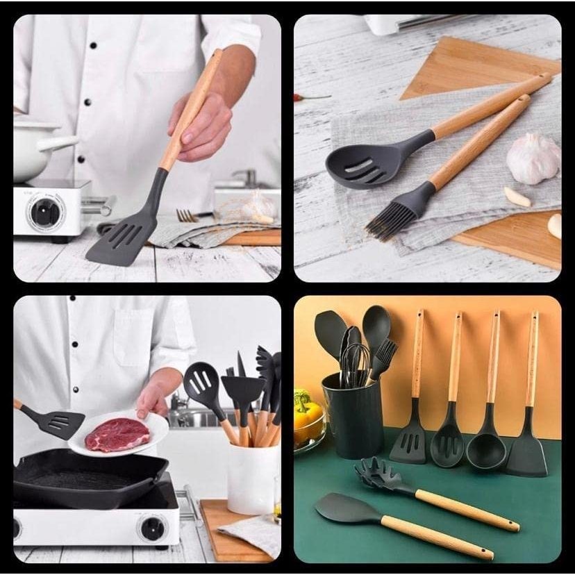 Imagem do produto Kit C/12 Peças Utensílios De Cozinha Colheres Espatula Silicone Cabo Madeira Decoração 1