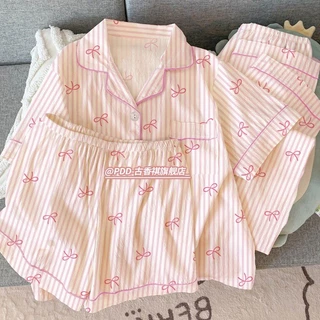 Conjunto De Três Peças De Verão : Pijama Fino Em Nuvem Para Mulheres , Lindo E Doce , Nó De Borboleta , Roupa De Casa em Oferta na Shopee