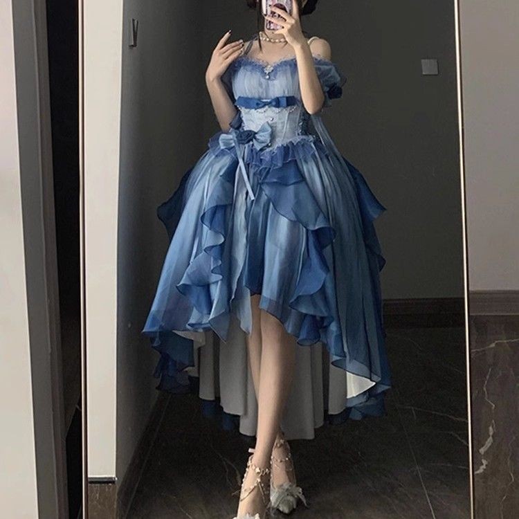 Vestido De Princesa Floral Azul Verão lolita Elegante Fada