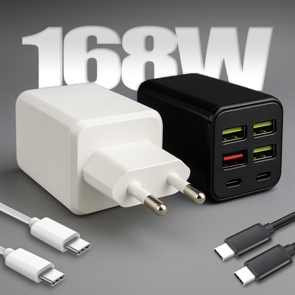 Carregador Super Turbo 168W Compatível Com Todos Xiaomi, Samsung, Motorola e iPhone 15/16 — 6 Portas