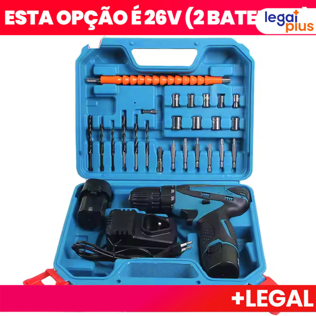Parafusadeira de alta potência 26V/48V, caixa de armazenamento e mais de 30 acessórios (uso profissional)