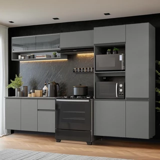 Armário de Cozinha Completa Suspenso 300cm Cinza Nimes Madesa 07 em Oferta na Shopee
