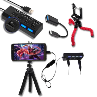 Kit Emulador Celular Hub Usb 4 Portas Com Interruptor + Adaptador Tipo C ou Micro Usb V8 + Suporte Tripé em Oferta na Shopee
