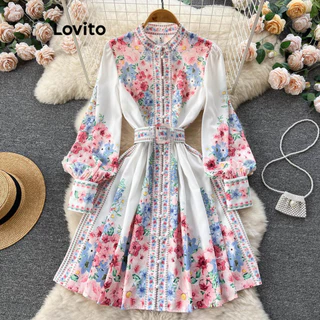 Lovito Vestido elegante floral com cinto e botão para mulheres LNL72463
