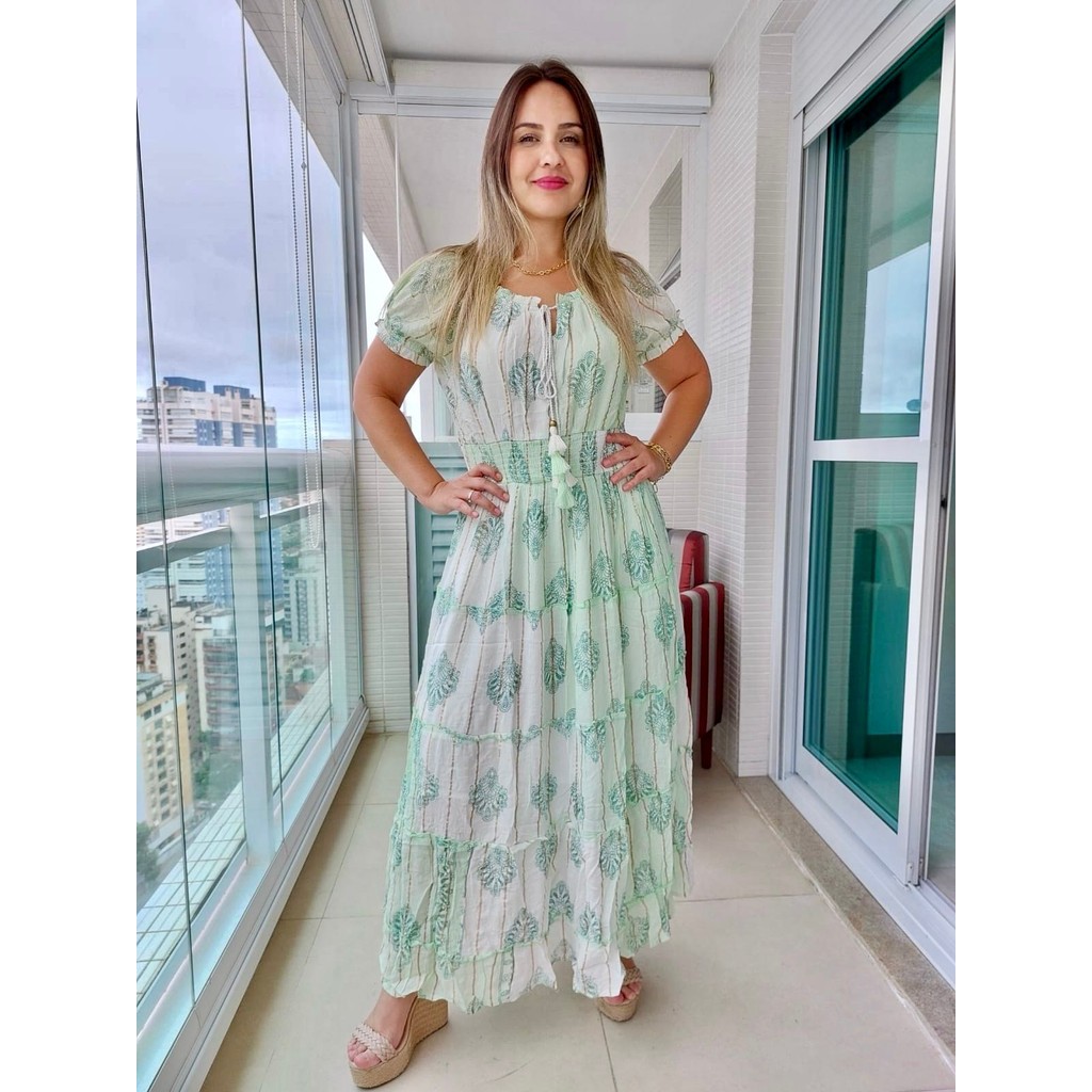 Vestido Longo Indiano Lurex Luxo Boho Chic c/