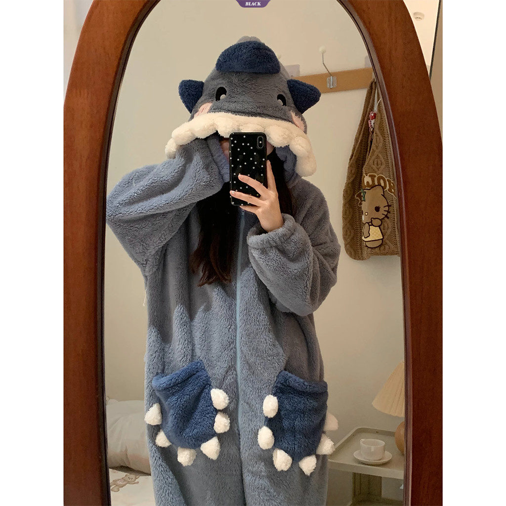 Pijama De Lã Coral Com Capuz De Tubarão De Desenho Animado Feminino ...