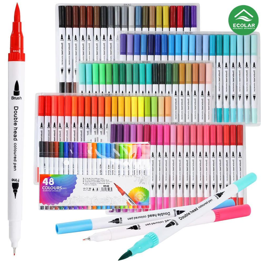Kit 12/24/36/48/60 Canetas Brush Lettering e Ponta Dupla Colorir ...