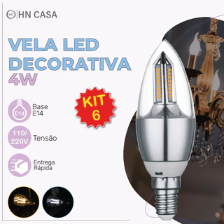 Kit 6 Lâmpadas Vela LED 4W E14, Pendente Moderno, Branco Frio (6.000K) ou Quente (3.500K), Bivolt 110V-220V