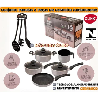 Conjunto De Panelas 8 Pçs Cerâmico Antiaderente Acabamento Aço Inox Tampa De Vidro Premium Inmetro em Oferta na Shopee