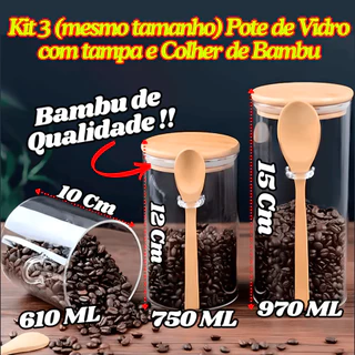 KIT 3 Pote De Vidro Hermético Com Tampa E Colher De Bambu Redondo Organizador Multiuso De Cozinha em Oferta na Shopee