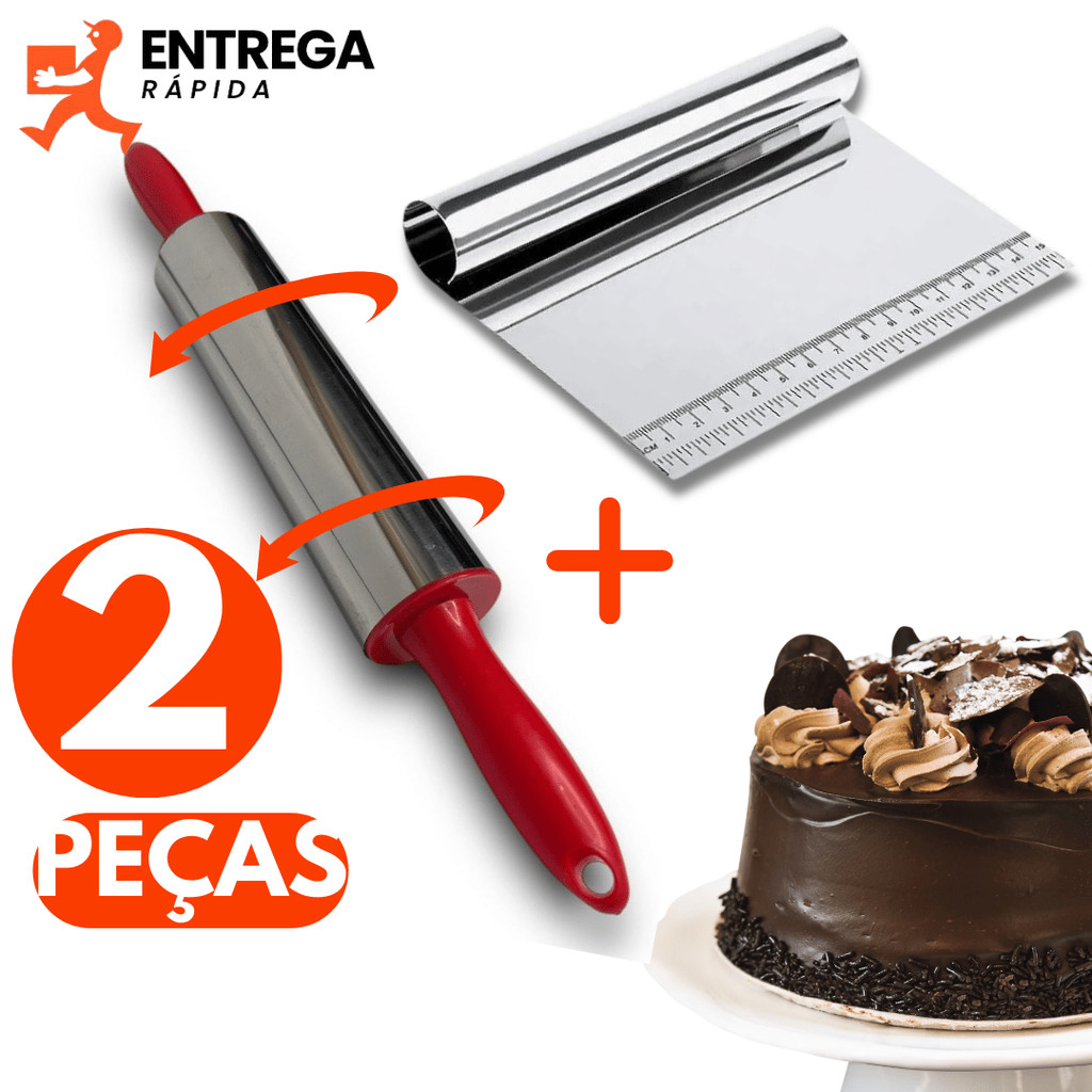 Kit 2 Peças para Confeitaria Rolo de Massa com Cilindro Anti