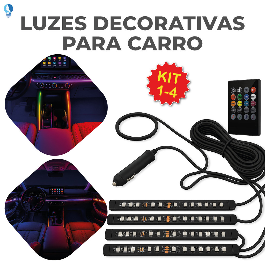 Kit 4 Fita Led para Carro RGB Luz Decorativa com Controle iluminação ...