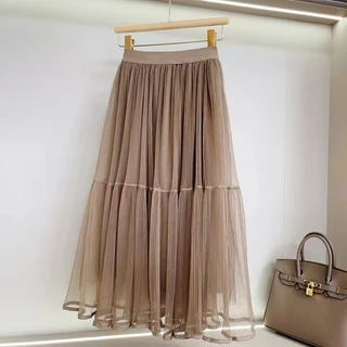 Saia de verão das mulheres Elegante cintura alta Cor sólida Médio Em Tule Longo QT2066 PRD2