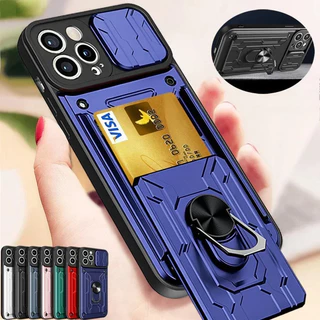 For iPhone 17 16 15 14 13 12 11 Pro Max Plus SE Slide Camera Card Slot Military Grade Ring 360 Magnetic Back Cover