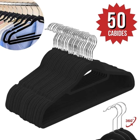Kit 50 cabides veludo adulto para roupas ultrafino resistente antideslizante rotação 360° slim preto