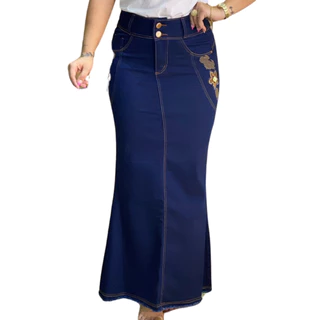 SAIA JEANS CINTURA ALTA COM LYCRA EVANGÉLICA , ESCURA COM BORDADO, STRASS E PÉROLAS,