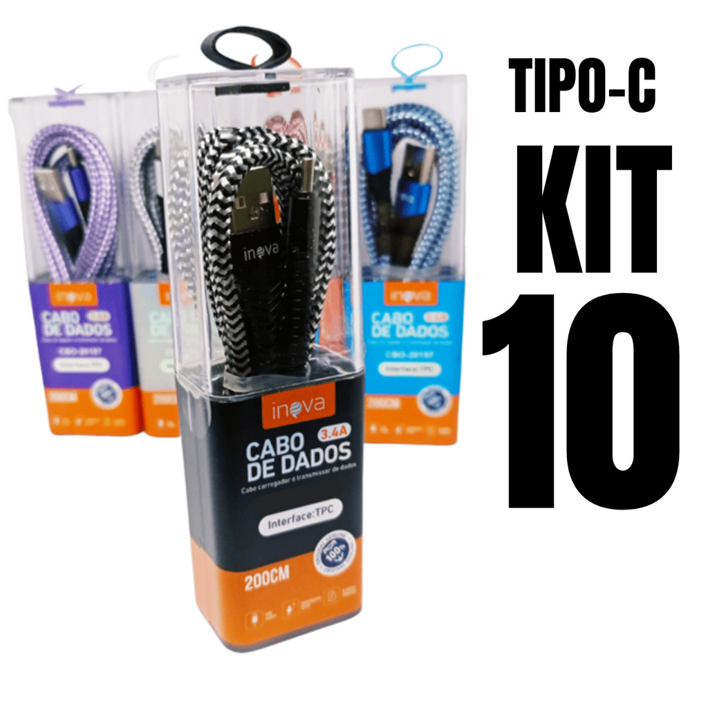 Kit 10 cabos 2m carregador reforçado carga rápido para tipo c inova tubo