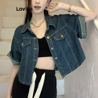Lovito Jaqueta jeans casual com botão liso e bolso frontal para mulheres LNM67108 em Promoção na Shopee Lovito Jaqueta jeans casual com botão liso e bolso frontal para mulheres LNM67108