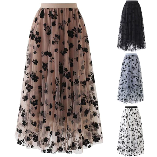 Mulher bordado saia de tule feminino libélula gazela Moda floral elástico Midi cintura para todas as estações Preto