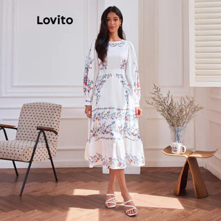 Lovito Vestido feminino elegante com babados e botões florais LBL14302