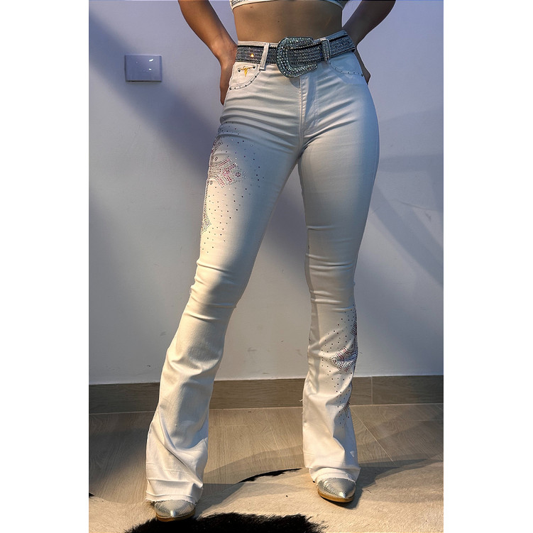 Calça Jeans Branca Feminina Brilhos Cruz Pink Strass Alta Flare