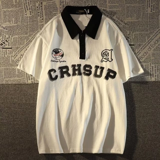 Camiseta Pólo Retro Carta Manga Curta Loose Summer Chique Hong Kong Style Street Wear para Homens e Mulheres