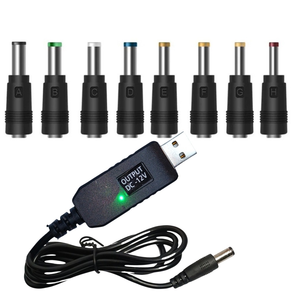 Cabo Usb Conversor De Tensão 5v Para 12v C/ 8 Adaptadores P4