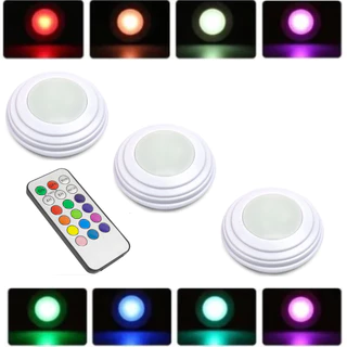 Kit 3 Luminárias Lâmpadas RGB Coloridas Led Spots Sem Fio Com Controle Remoto Com Adesivos